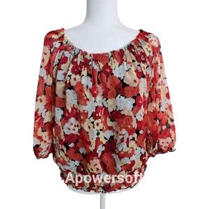 AGB Floral Long-sleeve Blouson Top w Peasant Sleeves
